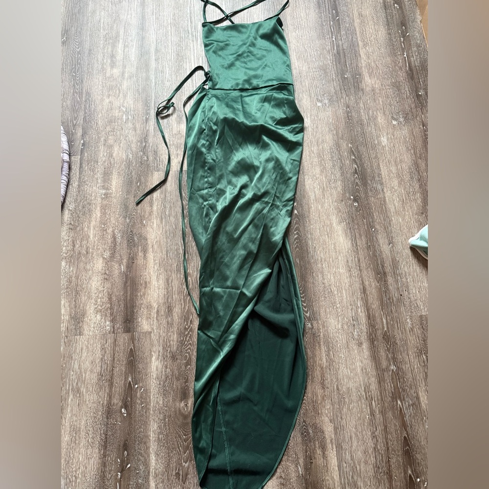 Green satin dress with lace up back and leg slit